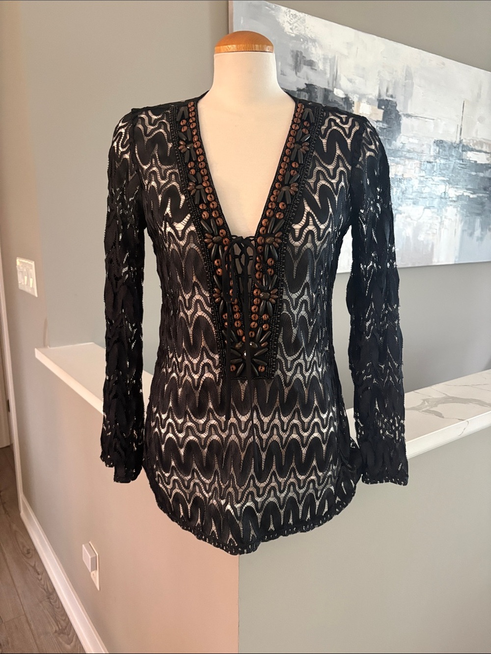 Hale Bob Black Lace Swim Coverup with Brown Beaded Trim